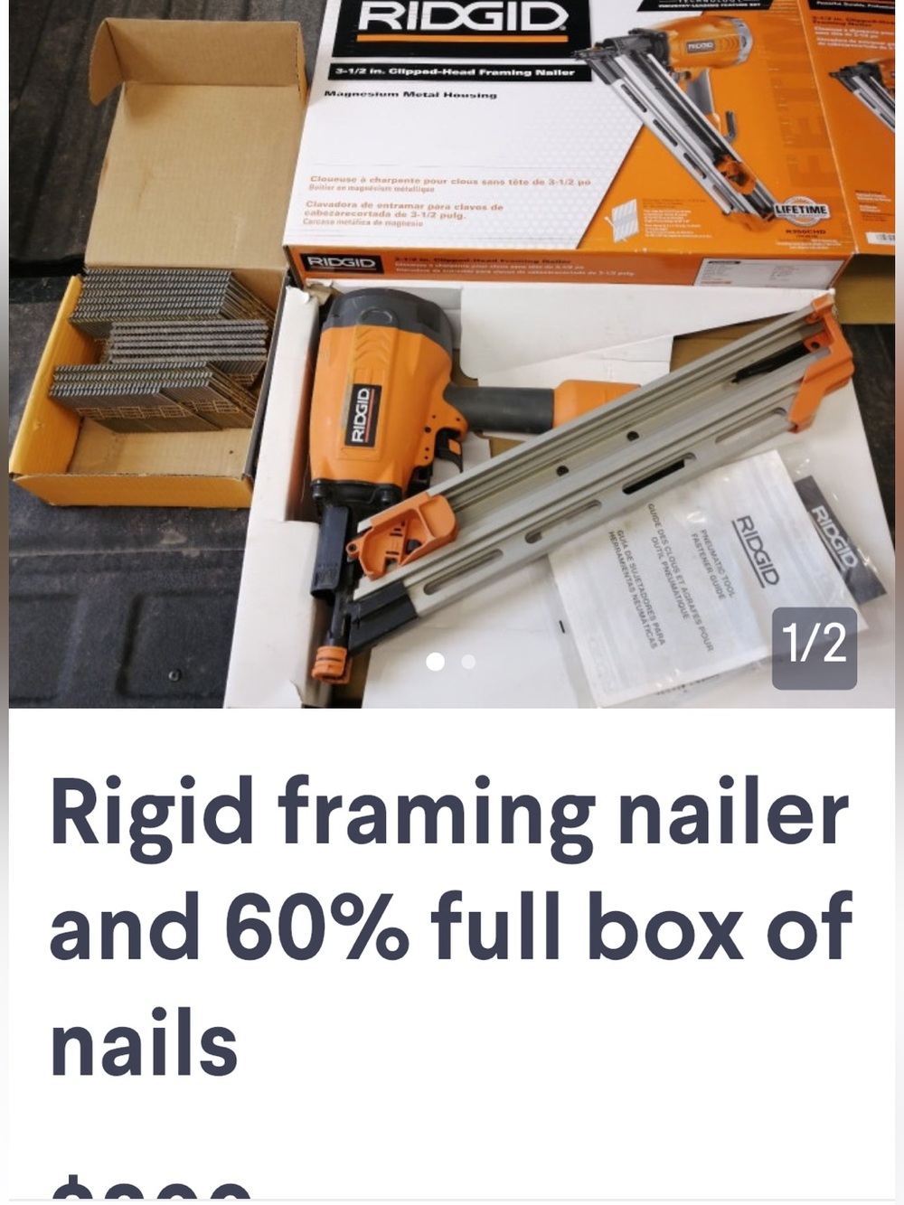 Rigid framing nailer and 60% full box of nails